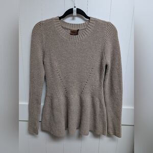 POL Ruffled Rabbit Hair Wool Blend Taupe Crew Neck Sweater